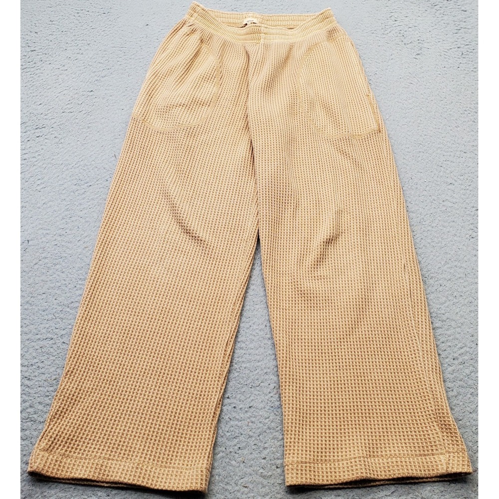 Aerie Lounge Pants Womens XS Tan Waffle Knit Thermal Soft Elastic Waist Wide Leg